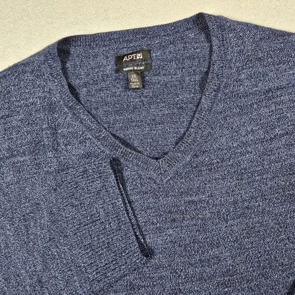 Apt 9 Mens XXL Tall Blue Sweater Merino Blend V-Neck Marled Knit Pullover